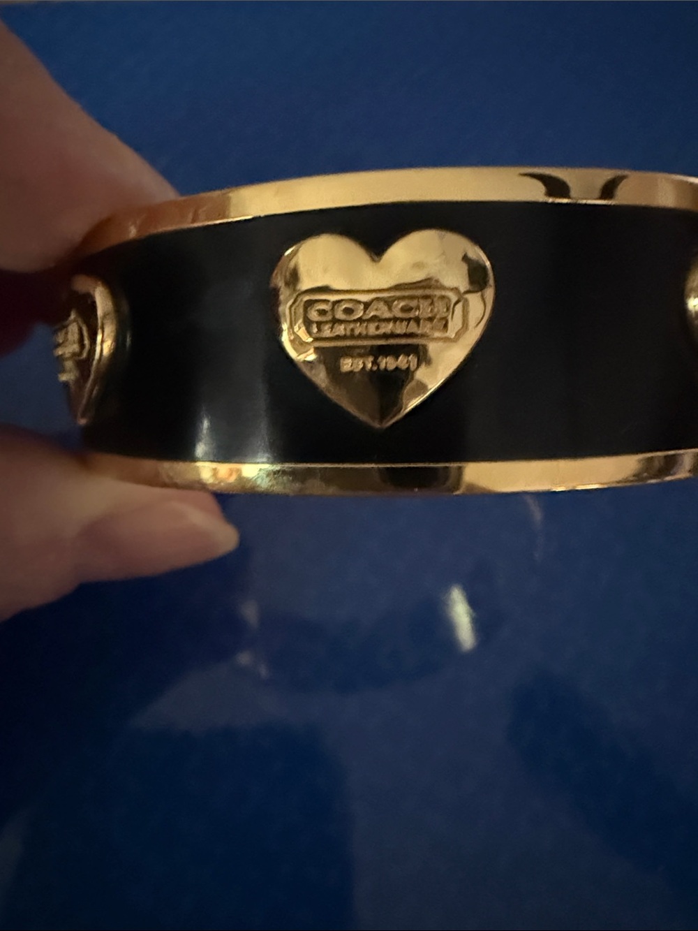 Coach Black and Gold Heart Logo Hinged Bangle